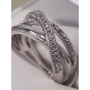 Silver Tone Criss Cross Ring Multi Band CZ Accents Infinity Style Size 6.5